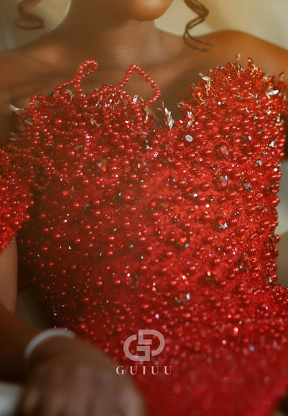 Red One Shoulder Sleeveless Slit Beads Prom Dress