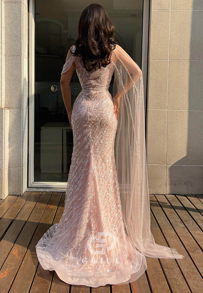 Blushing Pink Sleeveless Empire-Waist Sequins Prom Dress