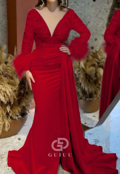 Mermaid Long Sleeves Deep V-Neck Ruched Feathers Evening Dress