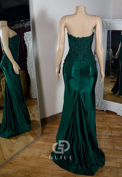 Dark Green Sleeveless Strapless Prom Dress with Slit Appliques Evening Party Dress