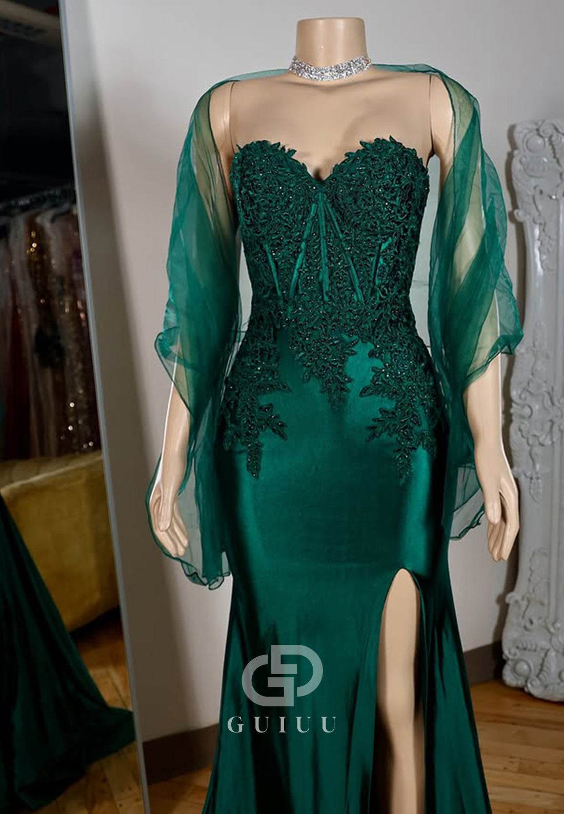 Dark Green Sleeveless Strapless Prom Dress with Slit Appliques Evening Party Dress
