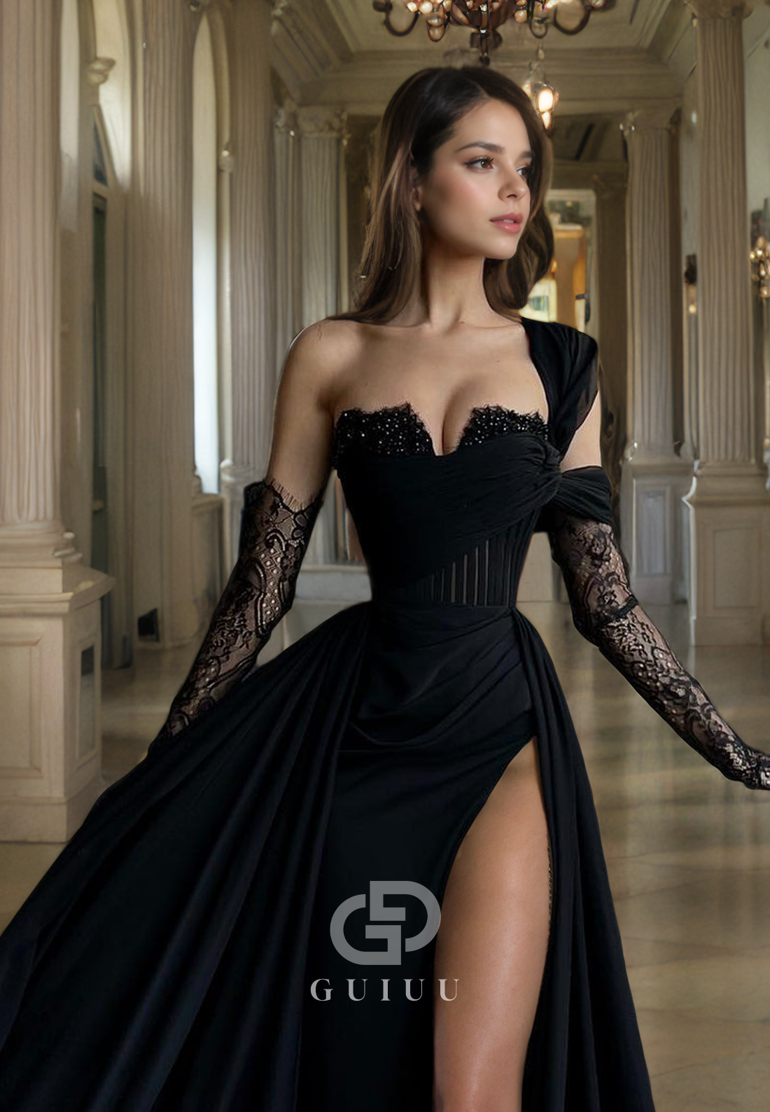 A-Line One Shoulder Strapless Sleeveless Long Prom Dress with High Side Slit