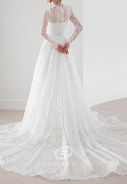 A-Line Long Sleeves Scoop Corset Lace Wedding Dress