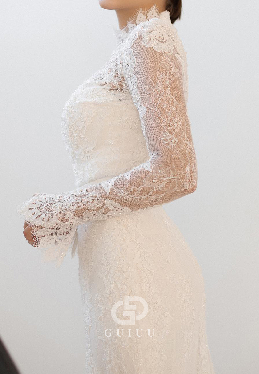 Long Sleeves High Neck Empire-Waist A-Line Wedding Dress