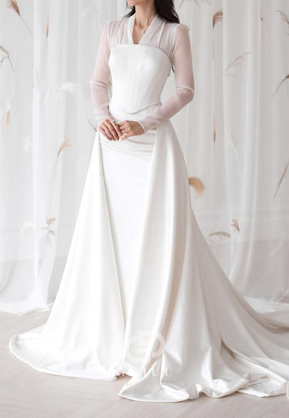 V-Neck Long Sleeves Empire-Waist Satin Wedding Dress