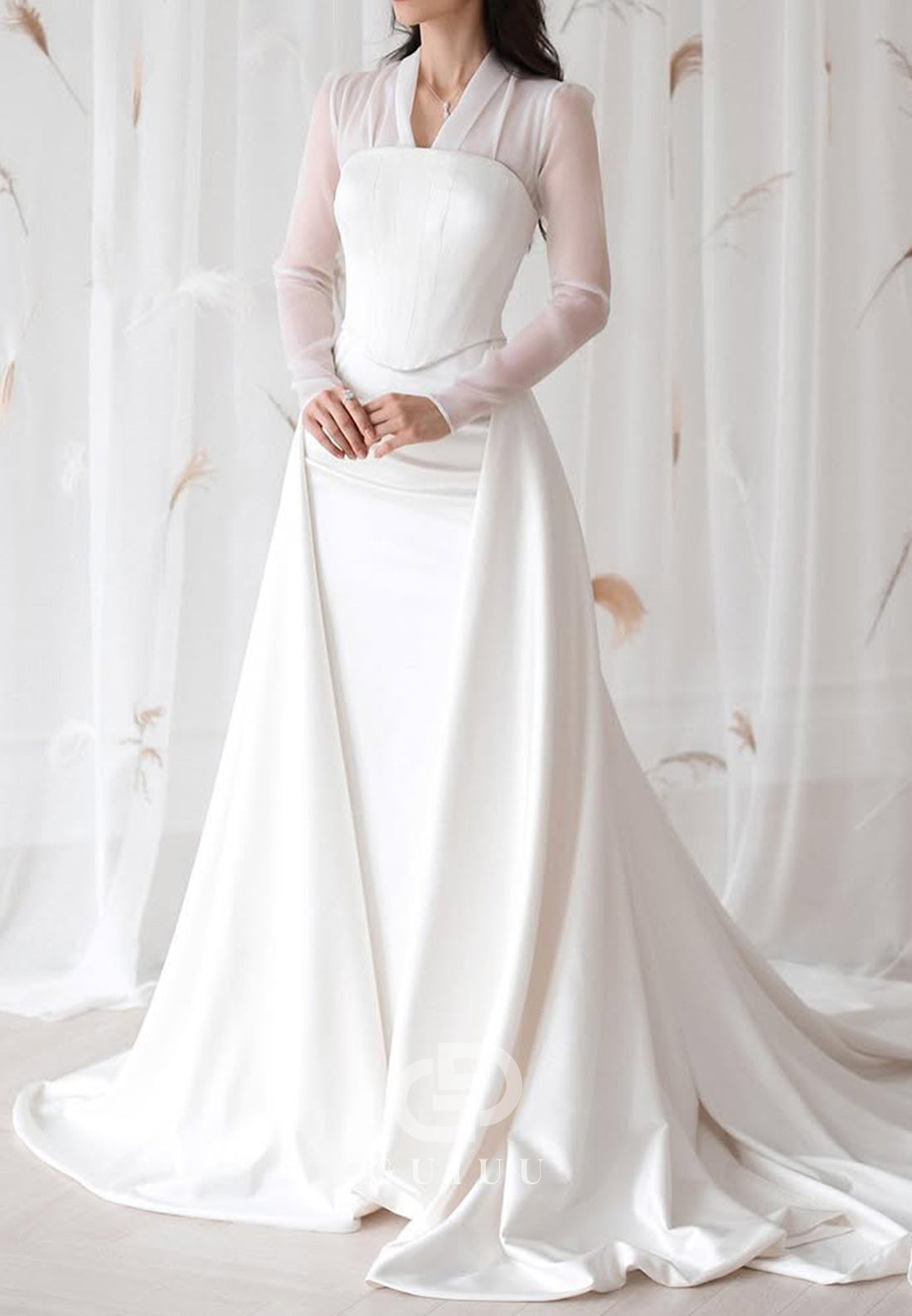 V-Neck Long Sleeves Empire-Waist Satin Wedding Dress