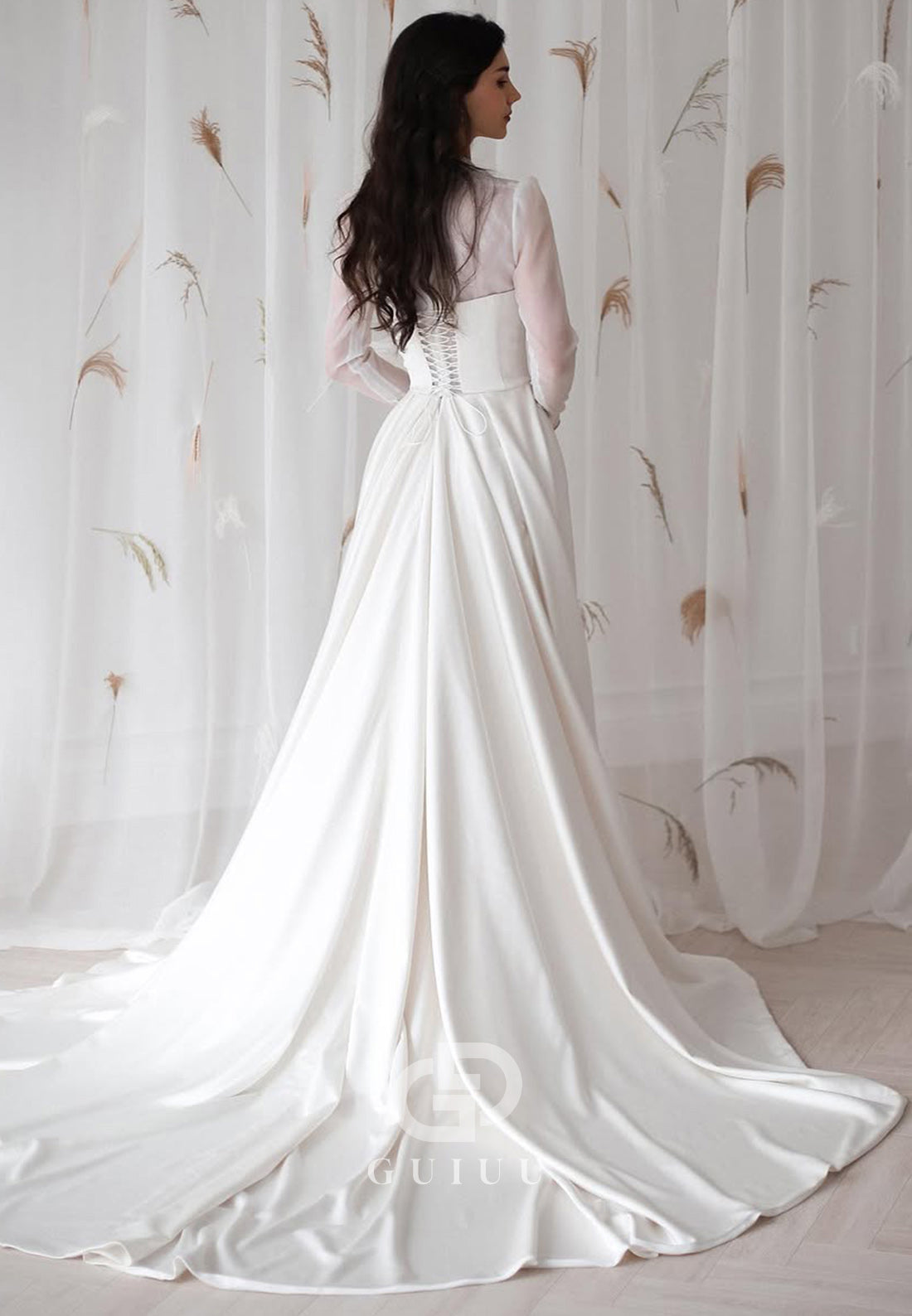 V-Neck Long Sleeves Empire-Waist Satin Wedding Dress