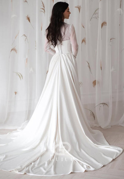V-Neck Long Sleeves Empire-Waist Satin Wedding Dress