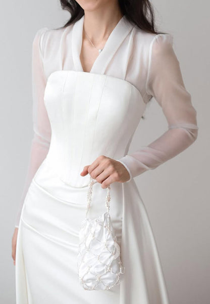 V-Neck Long Sleeves Empire-Waist Satin Wedding Dress