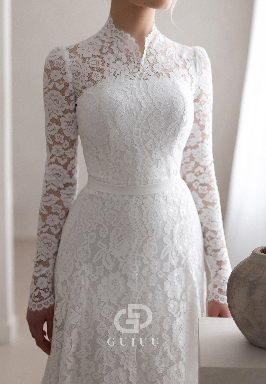 Long Sleeves High Neck Empire-Waist Lace Wedding Dress
