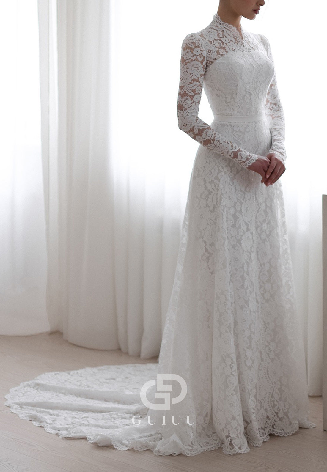 Long Sleeves High Neck Empire-Waist Lace Wedding Dress
