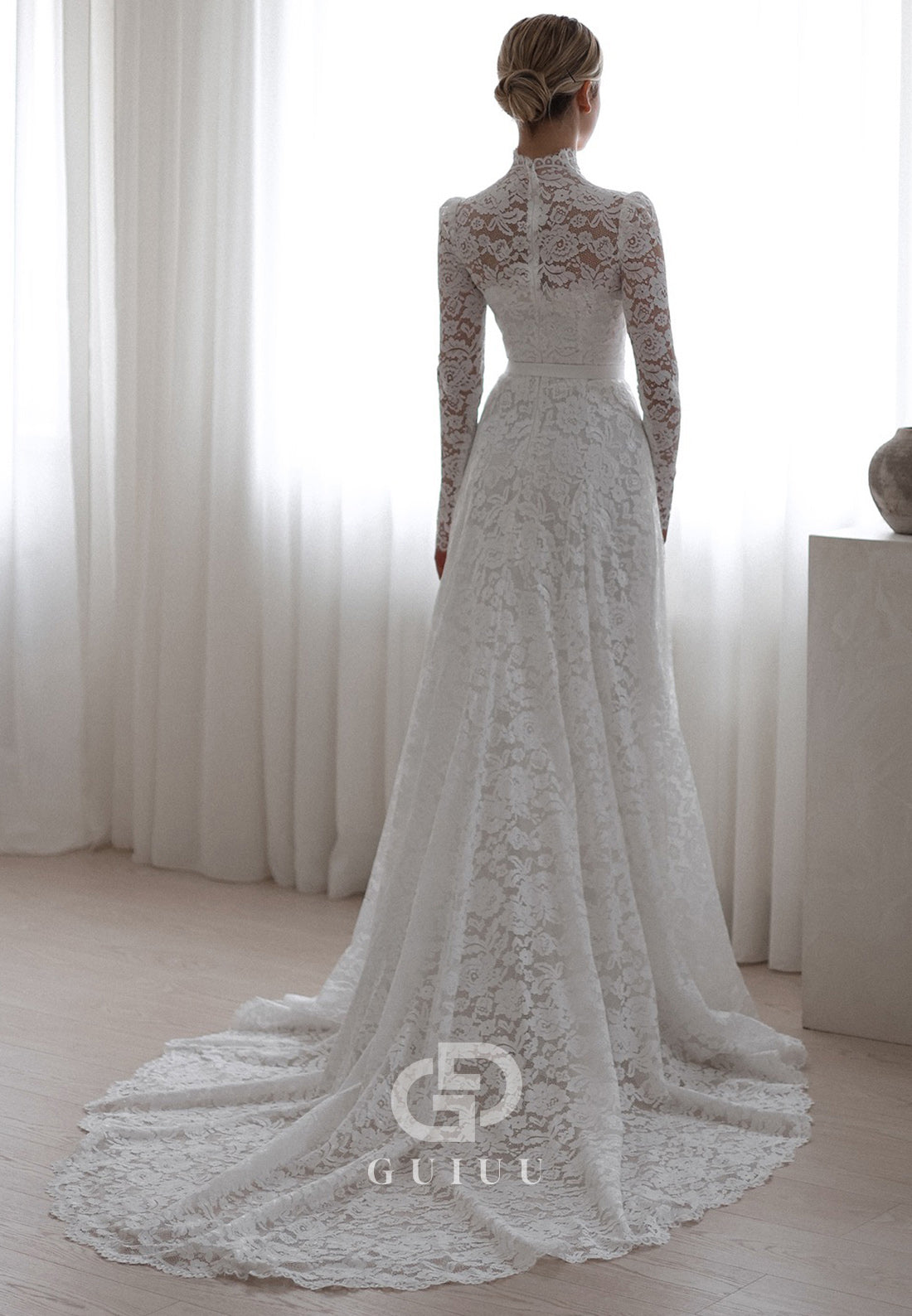 Long Sleeves High Neck Empire-Waist Lace Wedding Dress