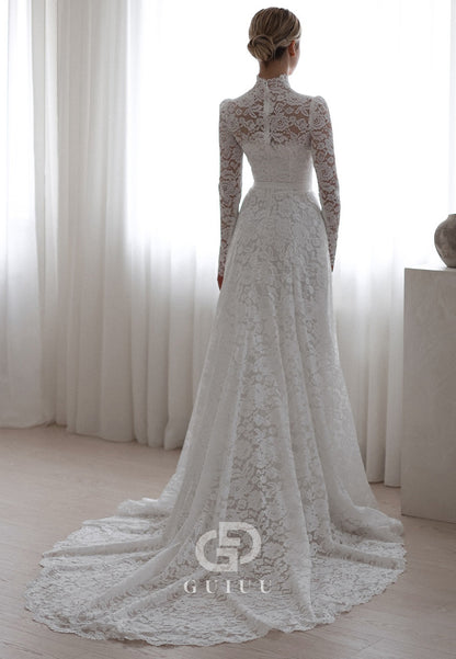 Long Sleeves High Neck Empire-Waist Lace Wedding Dress