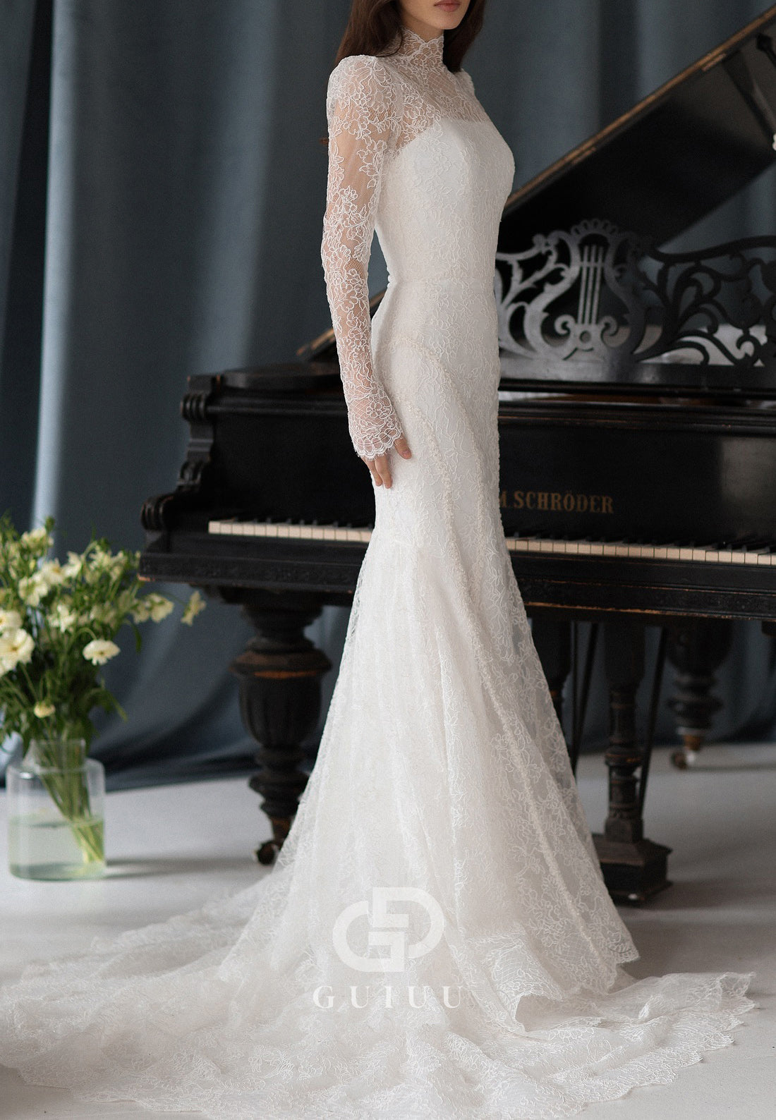 Long Sleeves High Neck Lace Appliques Wedding Dress