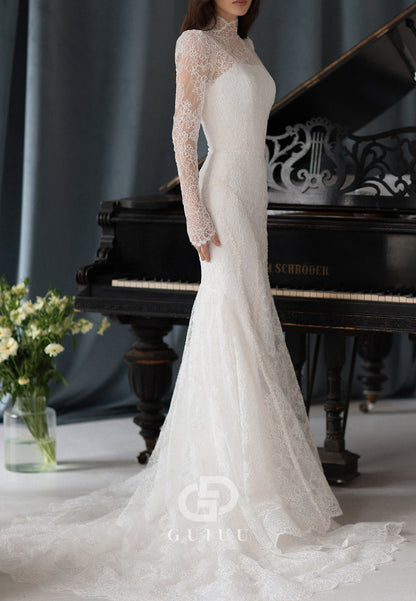 Long Sleeves High Neck Lace Appliques Wedding Dress