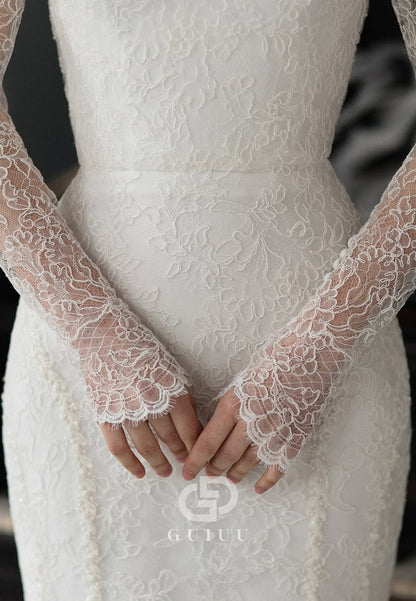 Long Sleeves High Neck Lace Appliques Wedding Dress