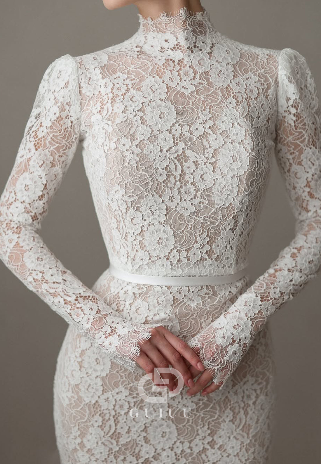 High Neck Long Sleeves Empire-Waist Wedding Dress