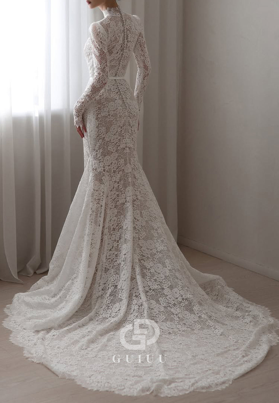 High Neck Long Sleeves Empire-Waist Wedding Dress