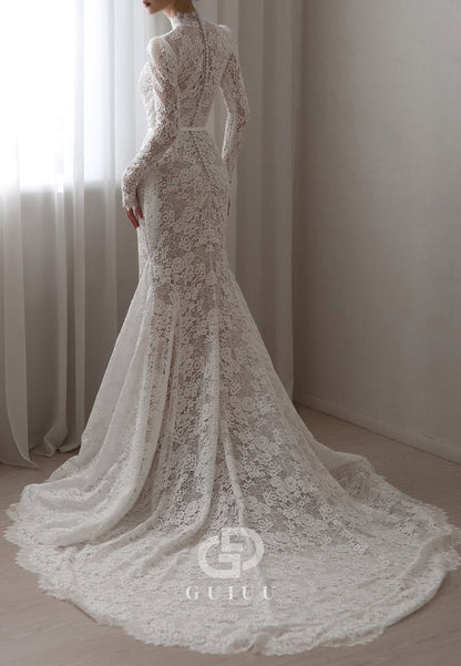 High Neck Long Sleeves Empire-Waist Wedding Dress