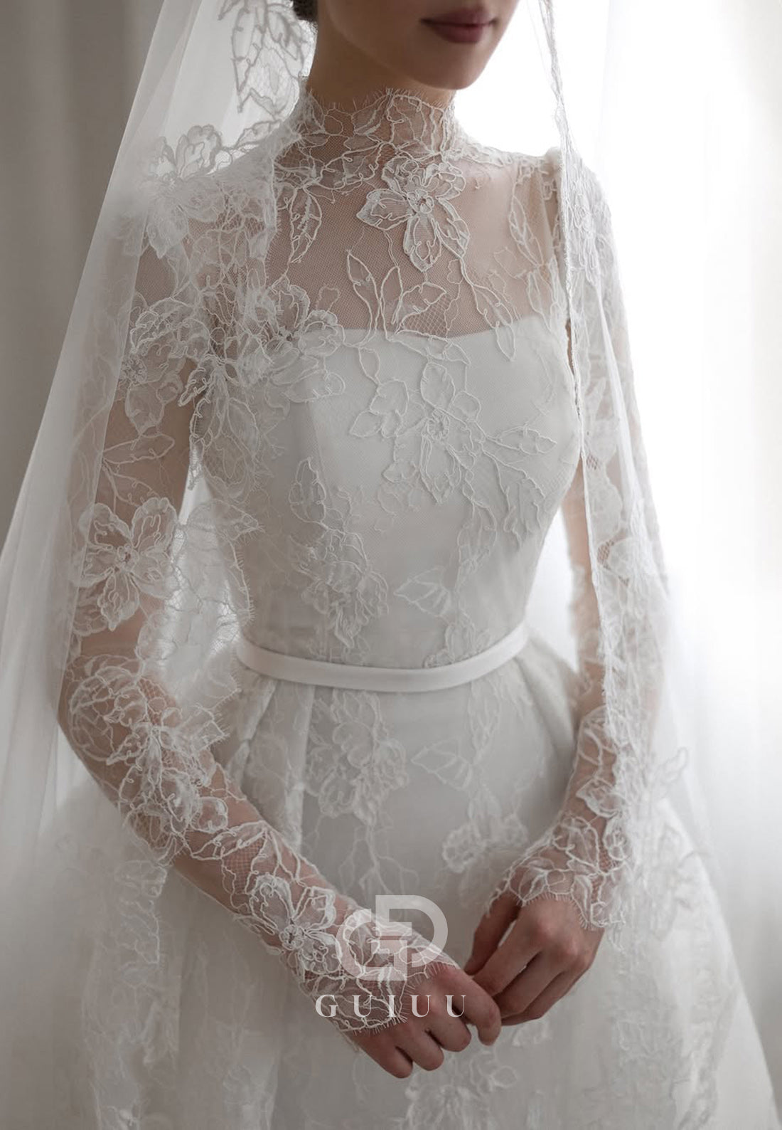 A-Line Long Sleeves Scoop Romantic Wedding Dress