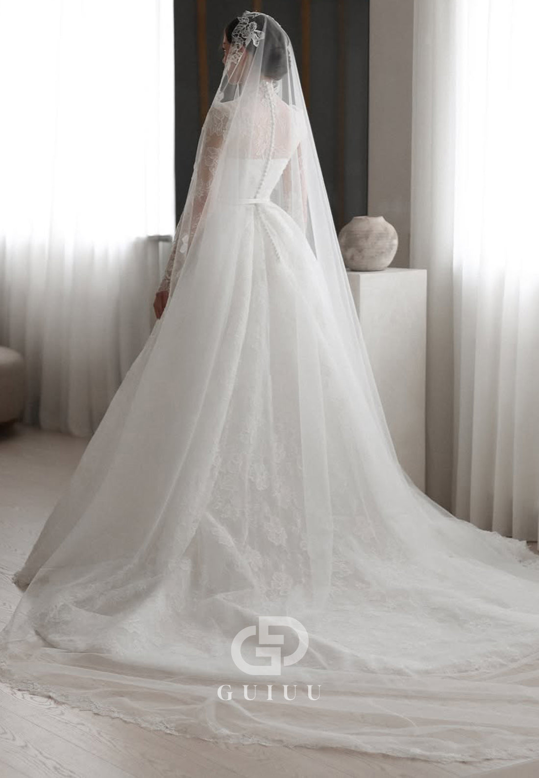 A-Line Long Sleeves Scoop Romantic Wedding Dress