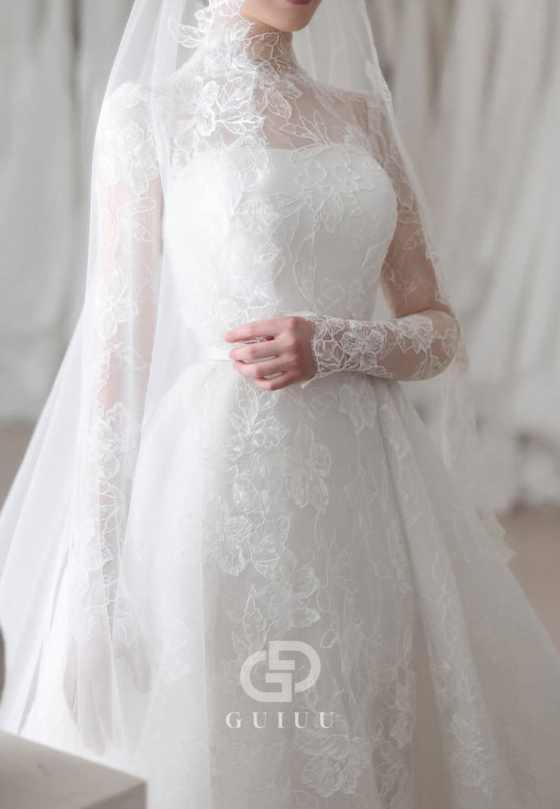 A-Line Long Sleeves Scoop Romantic Wedding Dress