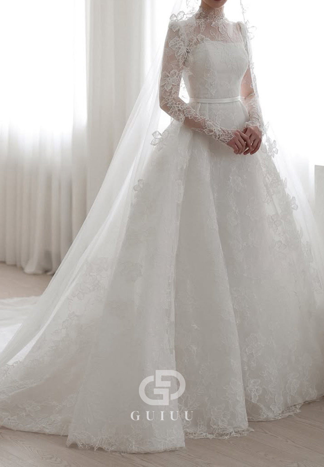 A-Line Long Sleeves Scoop Romantic Wedding Dress