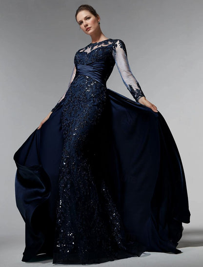 GM055 - Mermaid Long Sleeves Sweep Brush Train Appliques Stain Pleated Mother of the Bride Dress Formal Wedding Guest Gown