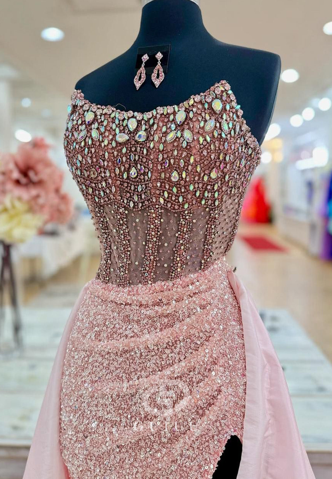 Blushing Pink Sleeveeless Strapless Slit Sequins Prom Dress