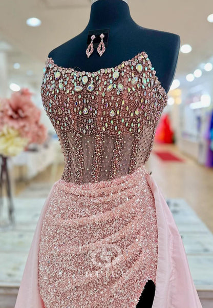 Blushing Pink Sleeveeless Strapless Slit Sequins Prom Dress