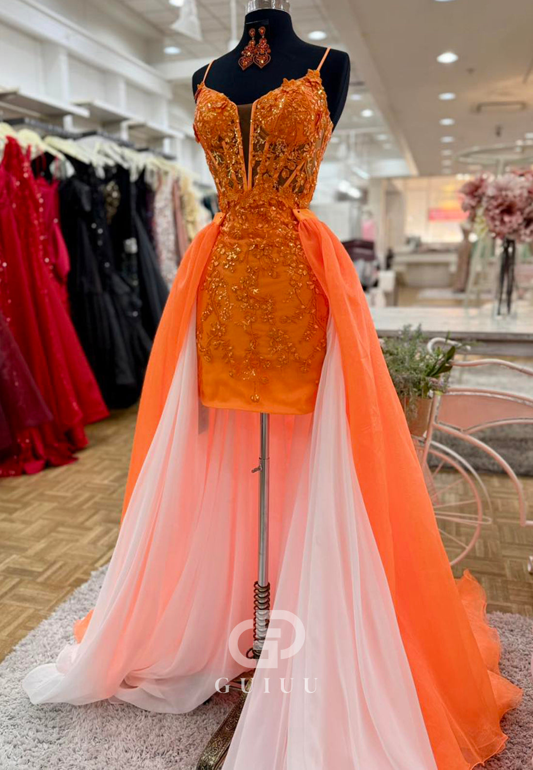 Papaya Spaghetti Straps Sweetheart Appliques Sweep Train Homecoming Dress