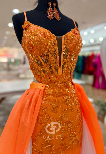 Papaya Spaghetti Straps Sweetheart Appliques Sweep Train Homecoming Dress