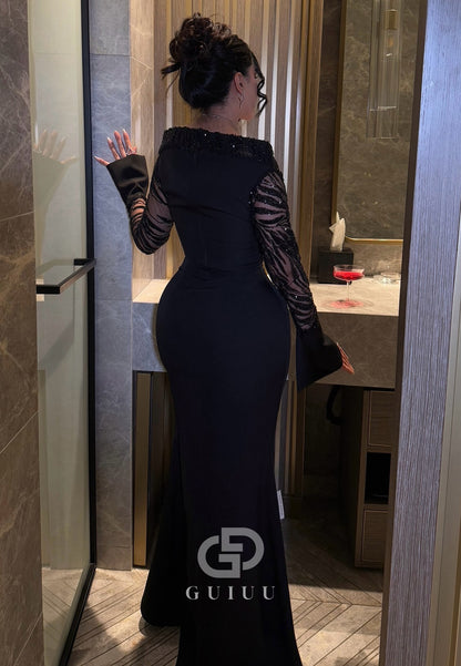 Black Long Sleeves Square A-Line Evening Dress