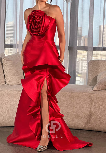 Red Sleeveless Strapless Floral Appliques Prom Dress