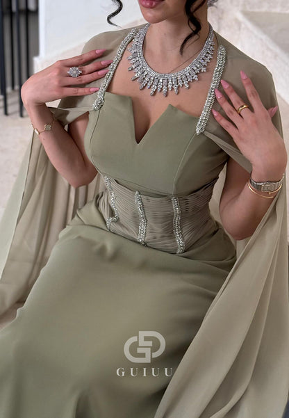 Dusty Sage Cape Sweetheart Corset A-Line Prom Dress