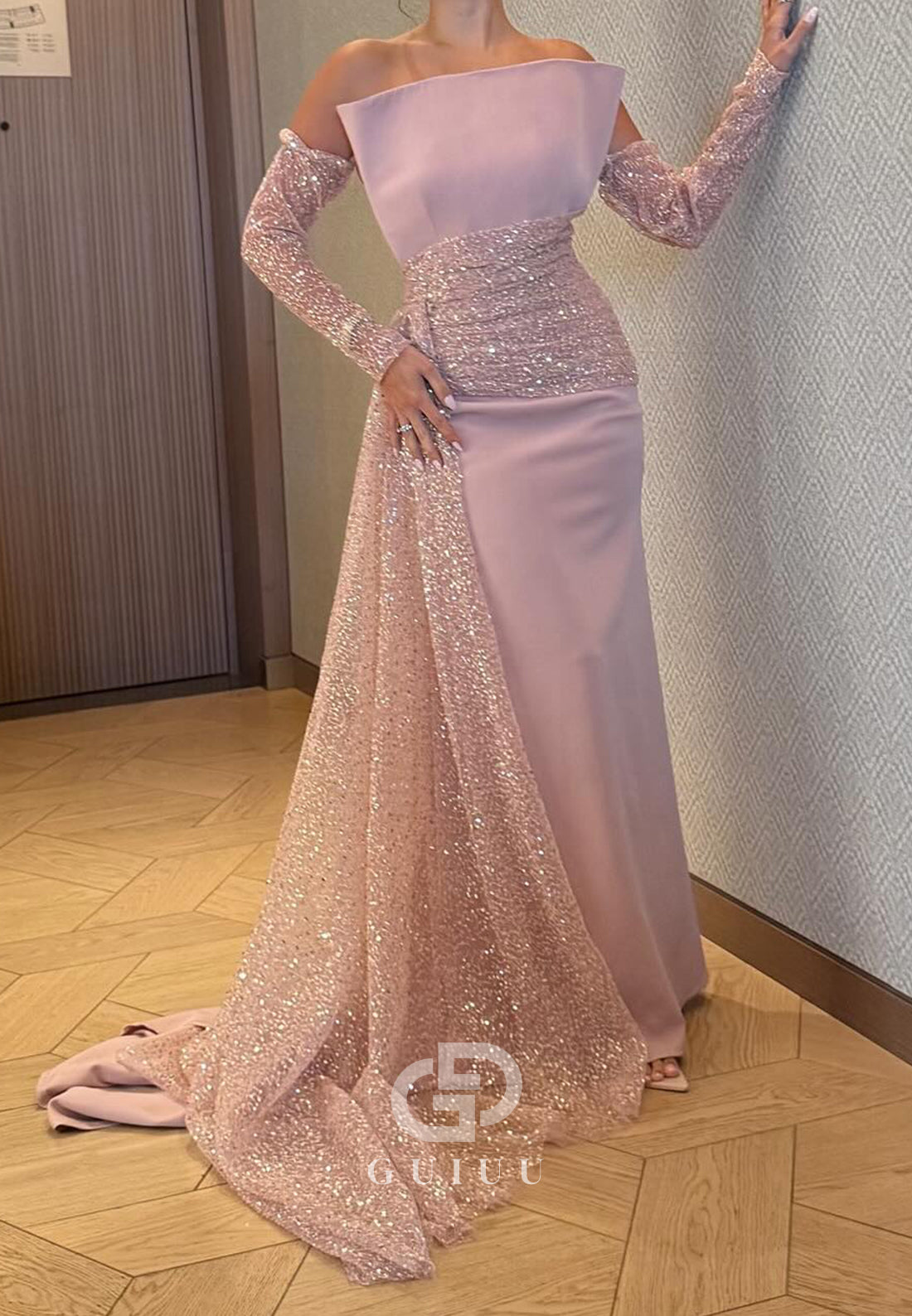 Blushing Pink Half Sleeves Off-Shoulder Sequins Prom Dress