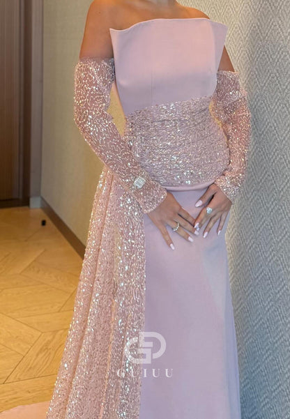 Blushing Pink Half Sleeves Off-Shoulder Sequins Prom Dress