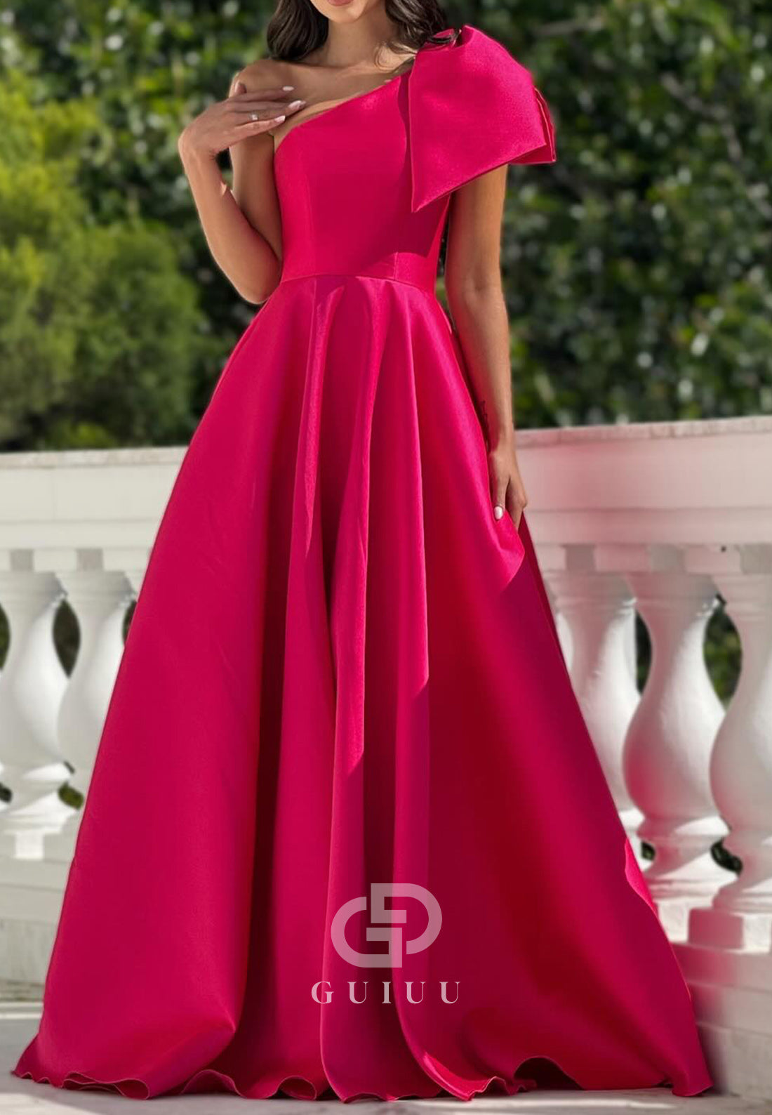Fuchsia A-Line One Shoulder Sleeveless Empire-Waist Prom Dress