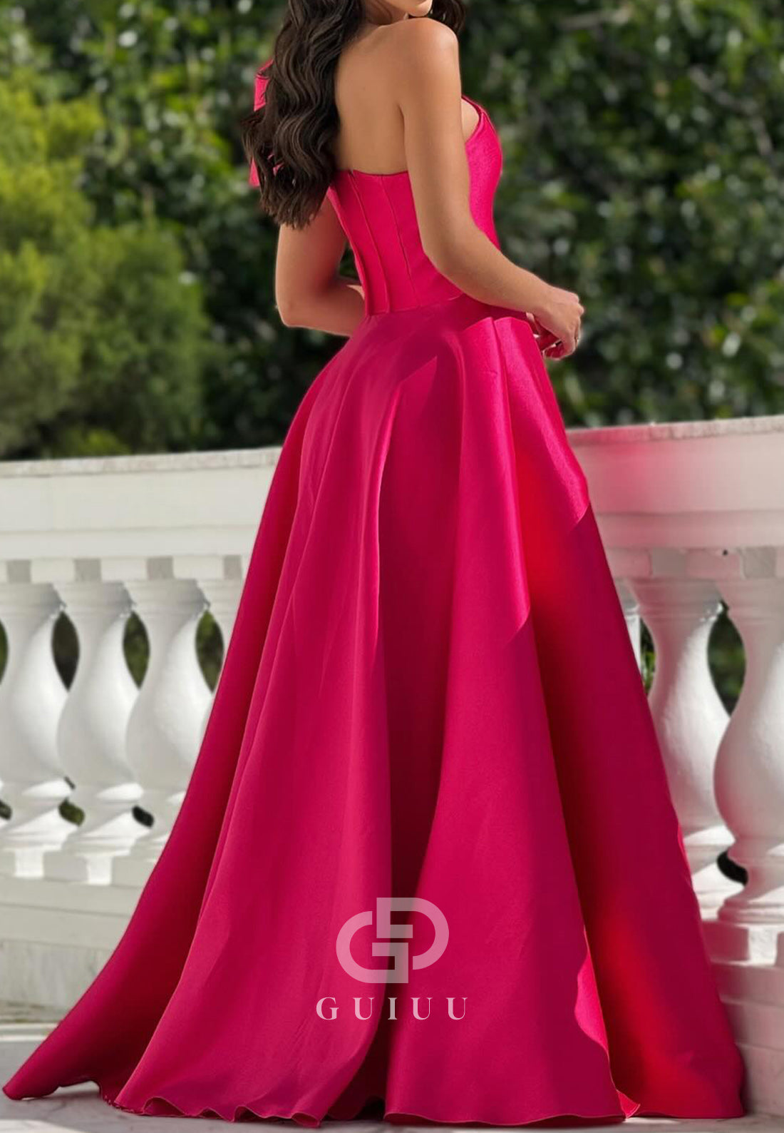 Fuchsia A-Line One Shoulder Sleeveless Empire-Waist Prom Dress
