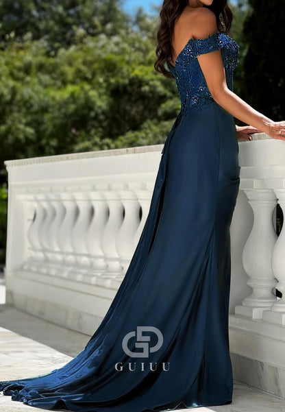 Dark Navy Off-Shoulder Appliques Corset Tulle Prom Dress