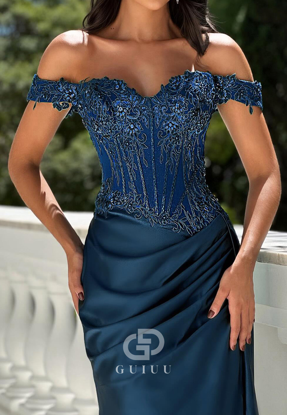 Dark Navy Off-Shoulder Appliques Corset Tulle Prom Dress