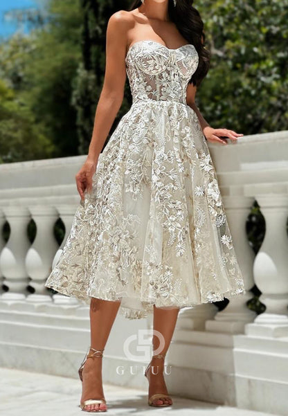 A-Line Strapless Sleeveless Floral Appliques Prom Dress