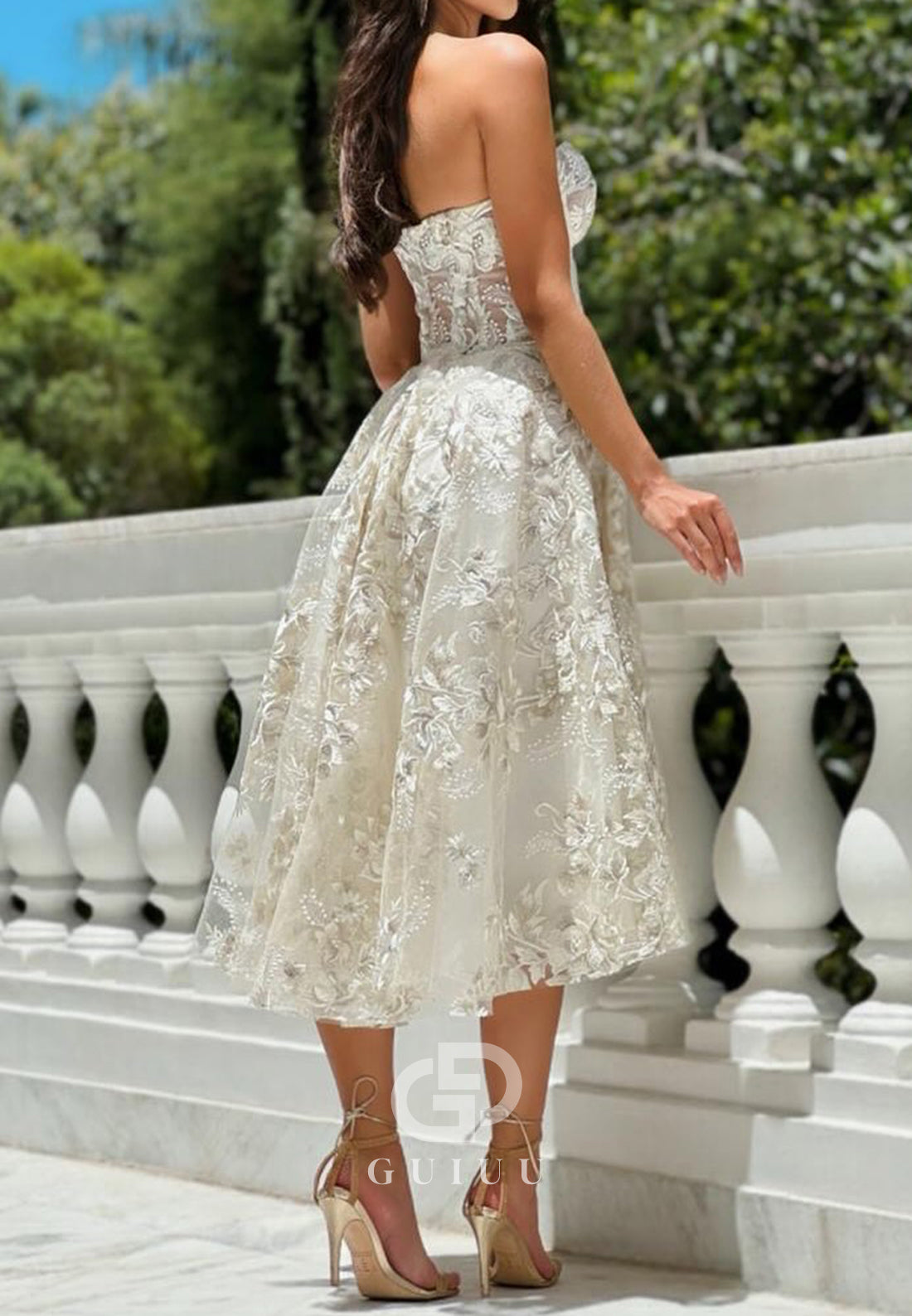 A-Line Strapless Sleeveless Floral Appliques Prom Dress