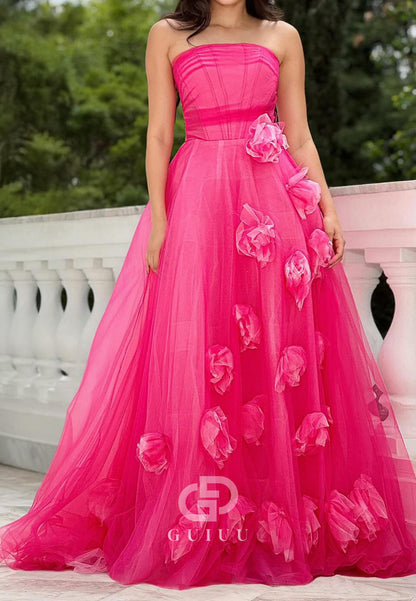 Blushing Pink Sleeveless Strapless Floral Appliques A-Line Prom Dress