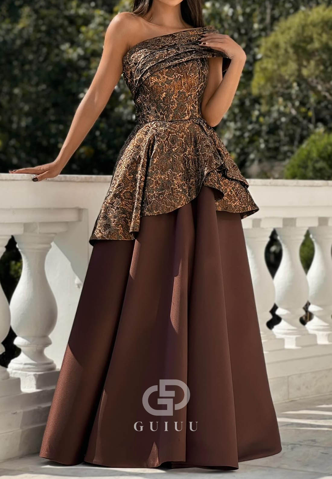 Cabernet One Shoulder Sleeveless Empire-Waist Prom Dress