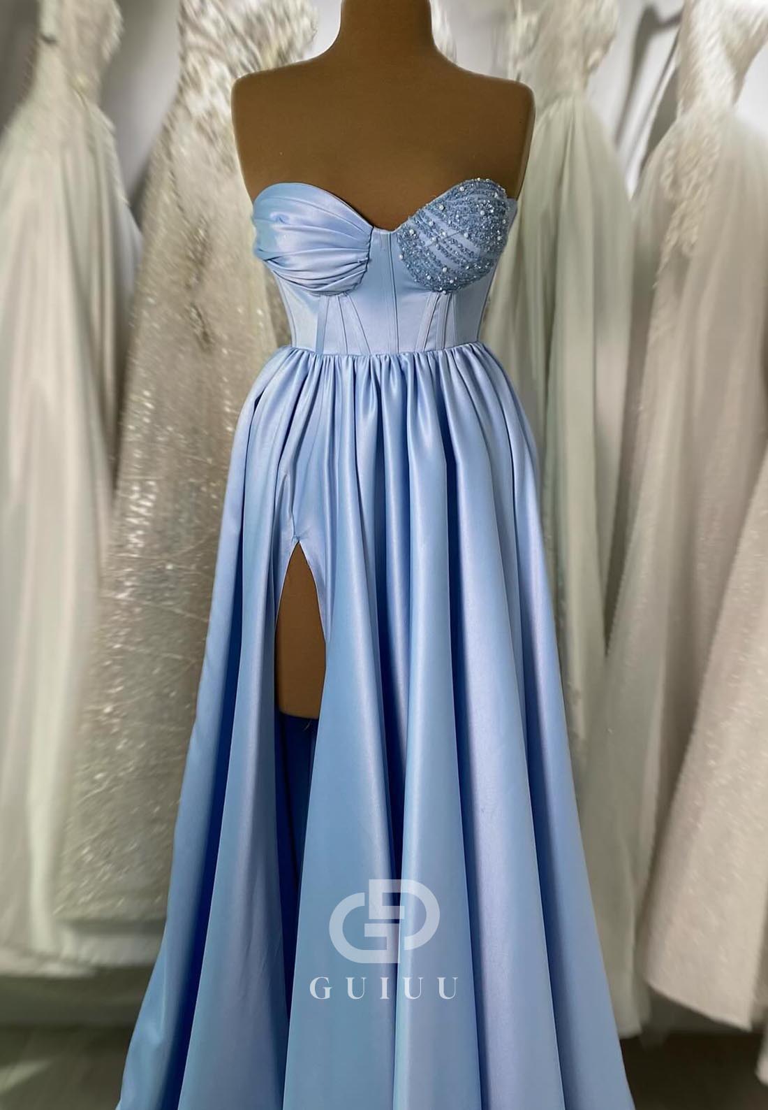 Sky Blue Strapless Sleeveless Empire-Waist Slit Prom Dress