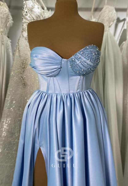Sky Blue Strapless Sleeveless Empire-Waist Slit Prom Dress