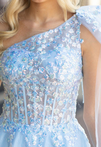 Sky Blue One Shoulder Sleeveless Corset Tulle Homecoming Dress