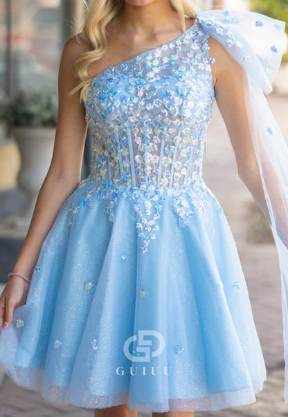 Sky Blue One Shoulder Sleeveless Corset Tulle Homecoming Dress