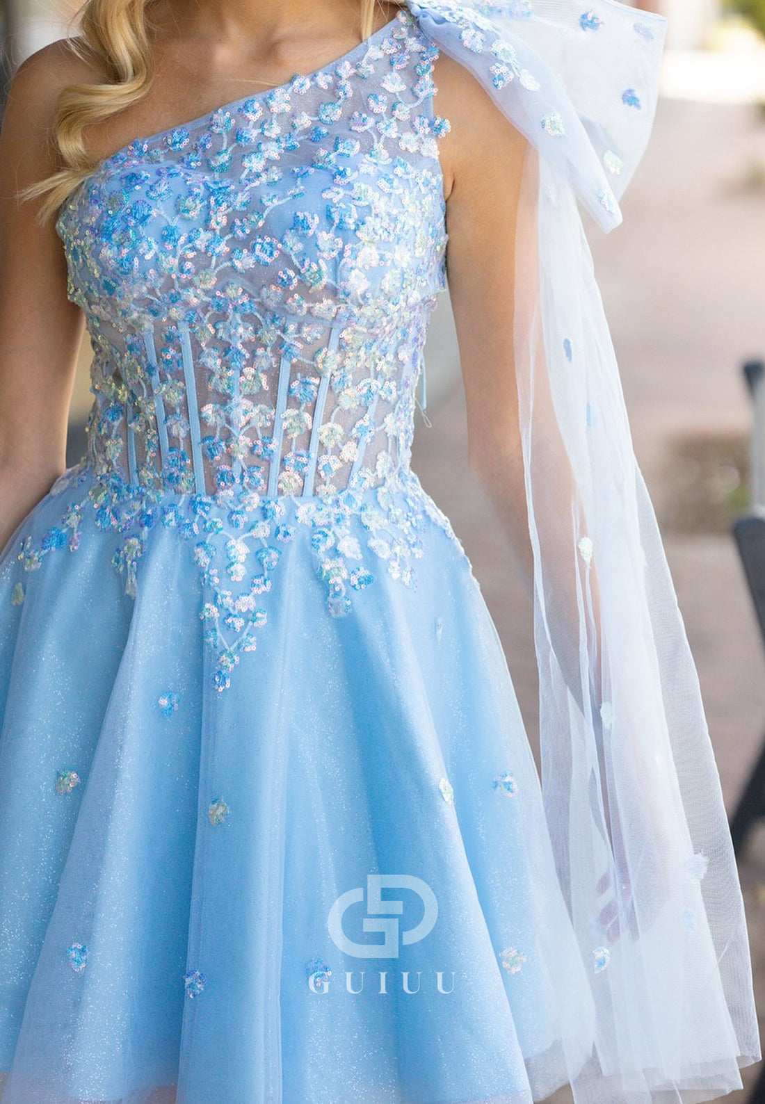 Sky Blue One Shoulder Sleeveless Corset Tulle Homecoming Dress